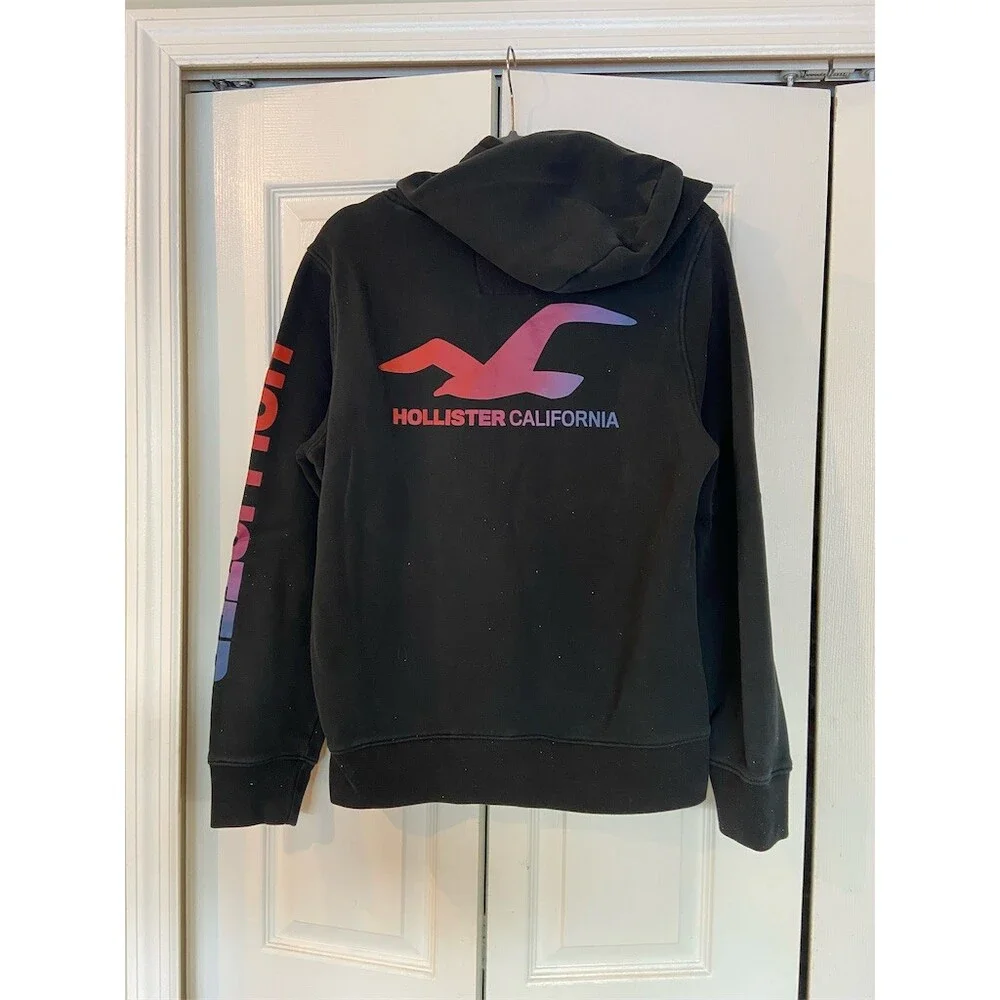 Hollister Pullover Hoodie Mens Medium Black Gradient Logo Sleeve Graphic